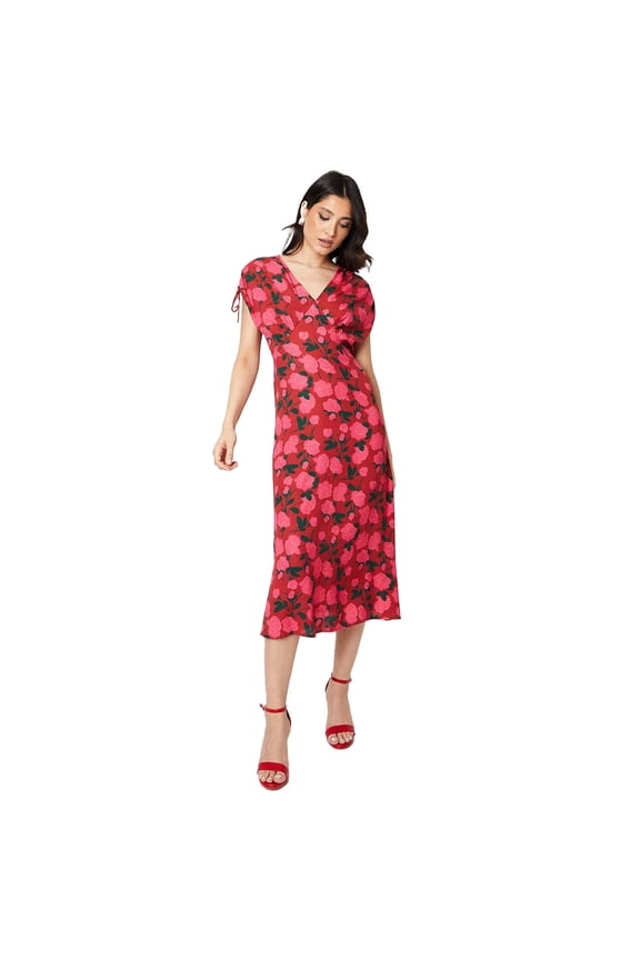 Womens Roses V Neck Ruched Midi Dress