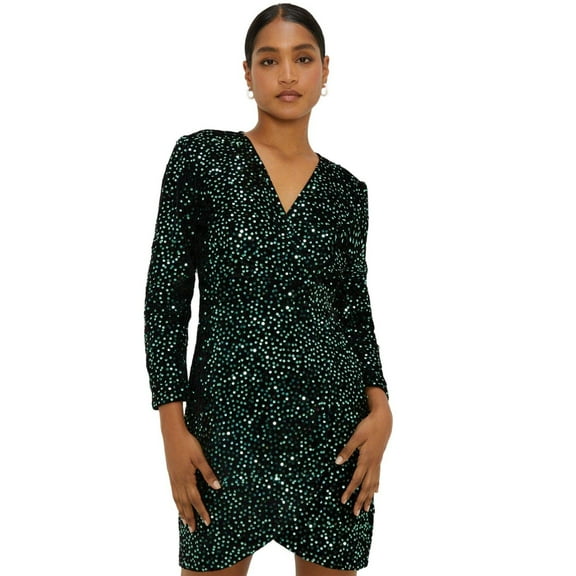 Dorothy Perkins Womens Sequin Velvet Wrap Long-Sleeved Mini Dress