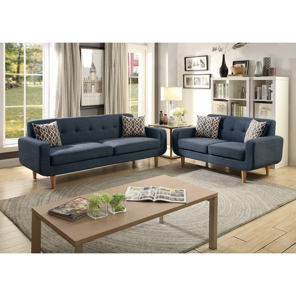 Dorris Fabric 2 Pieces Sofa Set With Accent Pillows Dark Blue