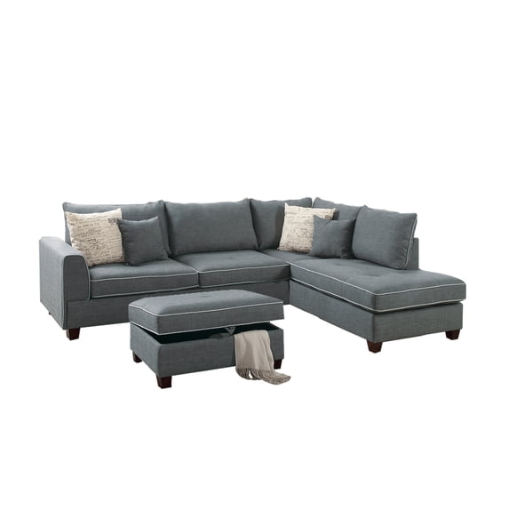 Dorris Fabric 3 Piece Sectional With Storage Ottoman, Gray
