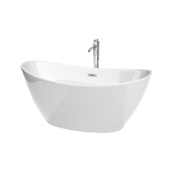 Wyndham Collection WCBTE652060ATP11PC 60 in. Dorrit Freestanding Bathtub with Floor Mounted Faucet, Drain & Overflow Trim - White & Polished Chrome