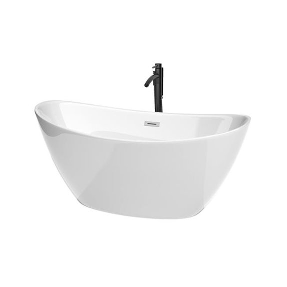 Wyndham Collection WCBTE652060PCATPBK 60 in. Dorrit Freestanding Bathtub with Trim & Floor Mounted Faucet - White, Polished Chrome & Matte Black