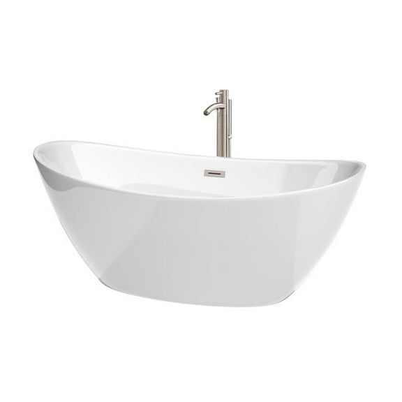 Wyndham Collection WCBTE652066ATP11BN 66 in. Dorrit Freestanding Bathtub with Floor Mounted Faucet, Drain & Overflow Trim - White & Brushed Nickel