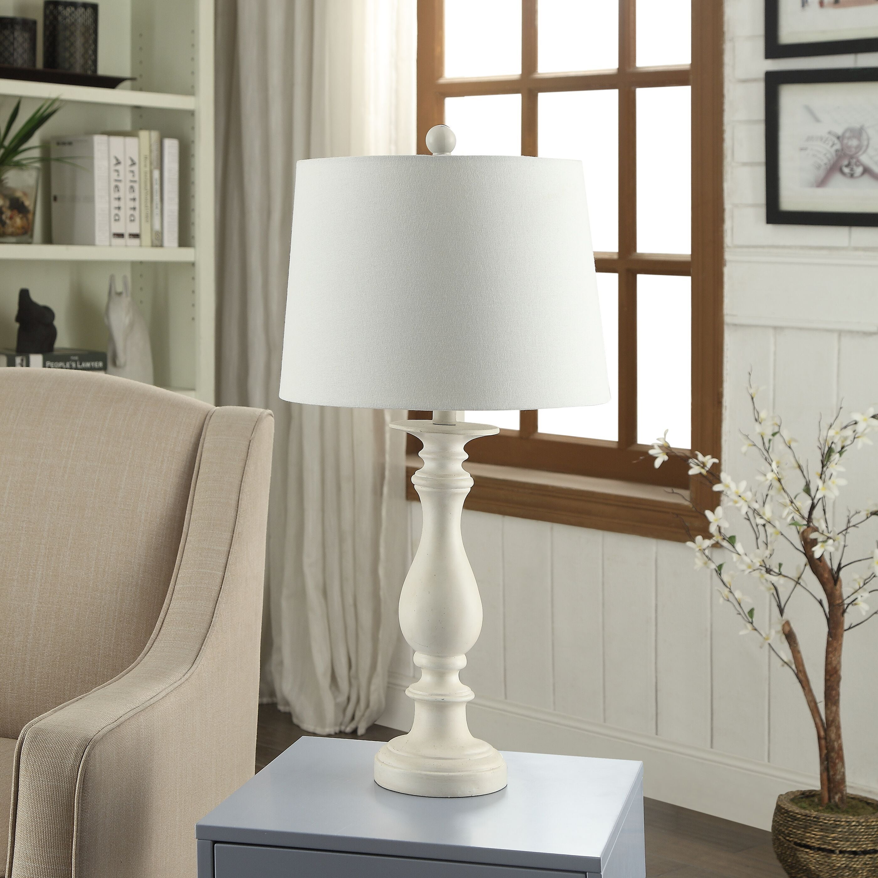 Antique White Resin Table Lamp with Linen Shade