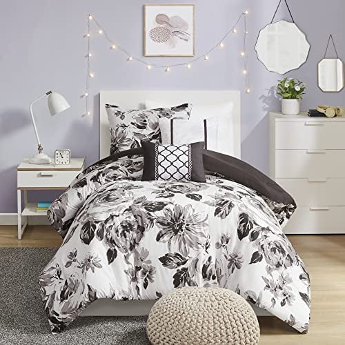 Dorsey Comforter Reversible Flower Floral Botanical Printed Ultra-Soft Brushed All Season Bedding-Set Full/ Black/White 5 Piece