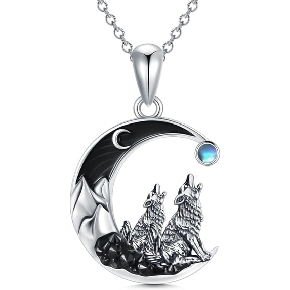 Dorunmo 2 Wolf Necklace 925 Sterling Silver Wolf Pendant with Black Crescent Moon Necklace Gothic Jewelry Halloween Gifts for Women