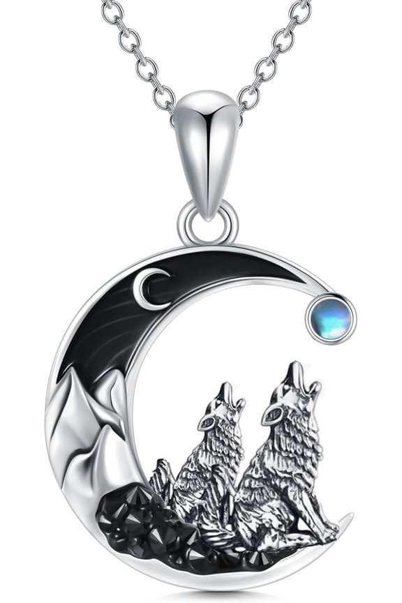 2 Wolf Necklace 925 Sterling Silver Wolf Pendant with Black Crescent Moon Necklace Gothic Jewelry Halloween Gifts for Women