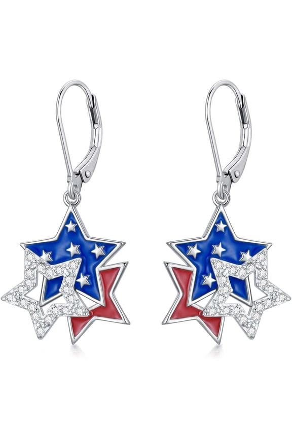 American Flag Drop Earrings 925 Sterling Silver Patriotic Earrings Star Dangle Earrings 4th of July Independence Day Gifts for Women