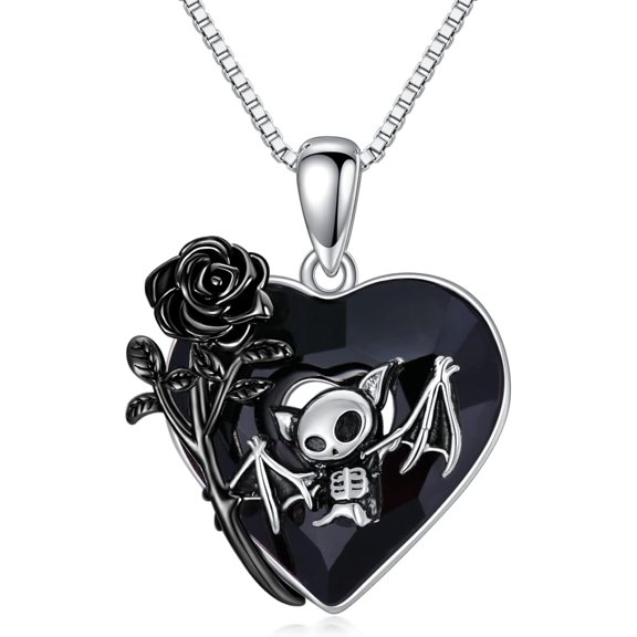 Dorunmo Bat Necklace 925 Sterling Silver Bat Pendant with Black Heart Crystal Necklace Rose Gothic Jewelry Halloween Gifts for Women Mother's Day forMom