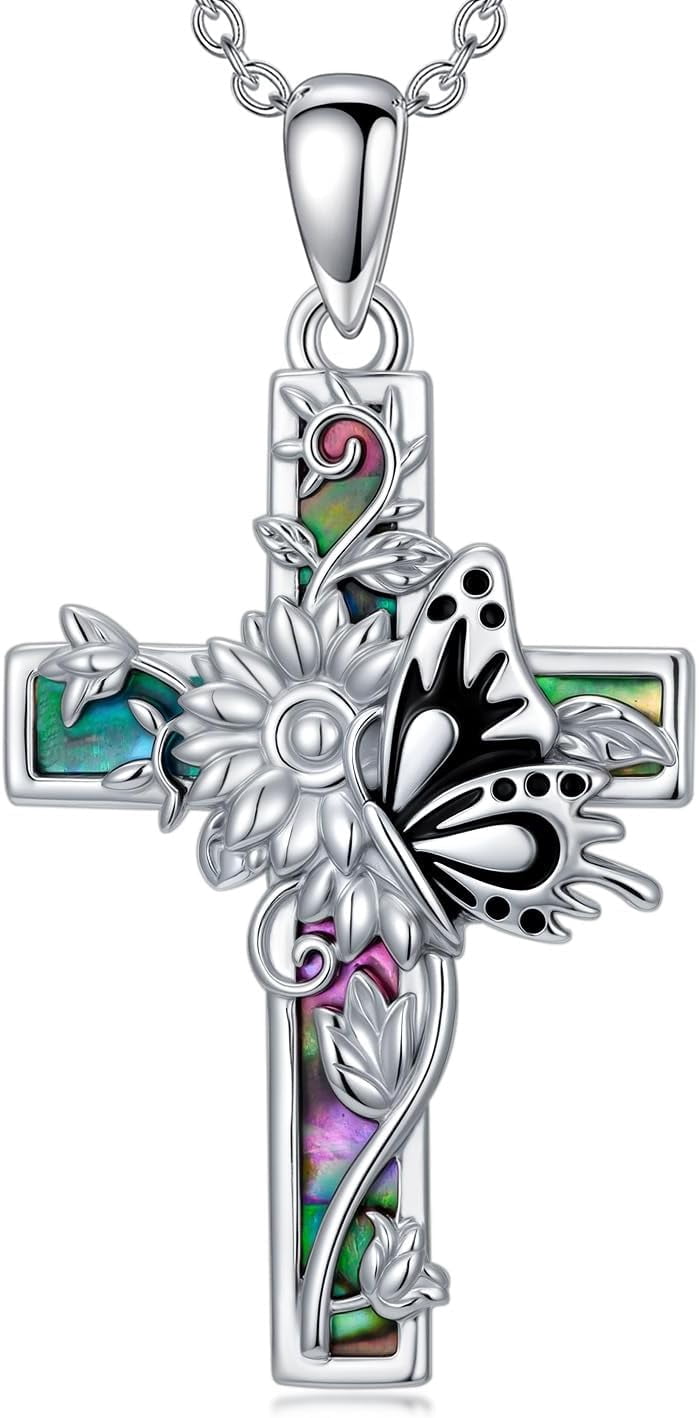 Dorunmo Butterfly Cross Necklace 925 Sterling Silver Butterfly Sunflower Abalone Shell Cross Pendant Jewelry Religious Christian Baptism Gifts for Her Women