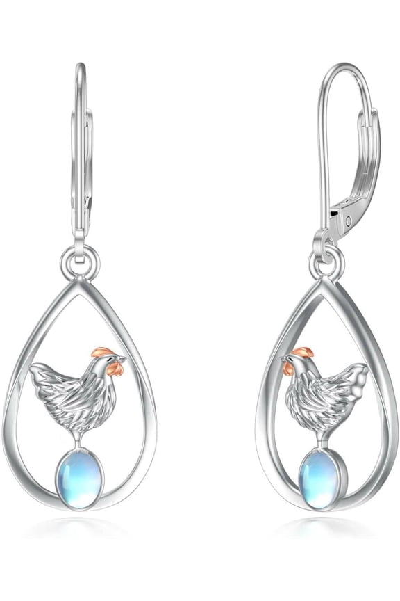 Chicken Leverback Earrings for Women 925 Sterling Silver Chicken Drop Dangle Earrings with Moonstone Farm Animal Leverback Earrings Chicken Jewelry Gift for Women (with Gift Box)
