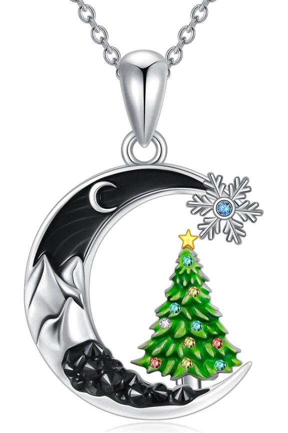 Christmas Tree Necklace 925 Sterling Silver Christmas Pendant with Black Crescent Moon Christmas Jewelry Gift for Women Her