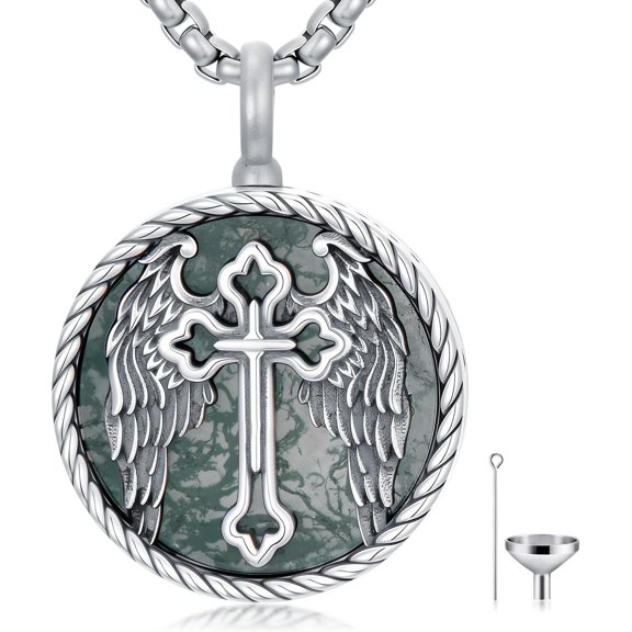 Dorunmo Cross Angel Wings Urn Necklace Sterling Silver Cremation Jewelry for Ashes Moss Agate Crystal Pendant Forever in My Heart Keepsake Necklace for Women