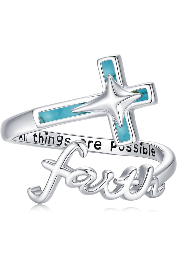 Cross Faith Ring 925 Sterling Silver Adjustable Turquoise Rings Christian Religious Jewelry for Women Mom