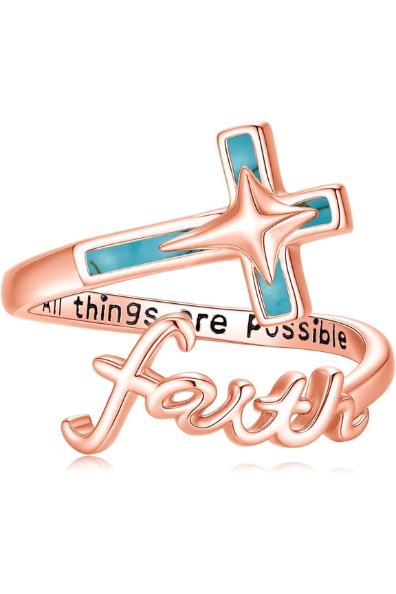 Cross Faith Ring 925 Sterling Silver Adjustable Turquoise Rings Christian Religious Jewelry for Women Mom