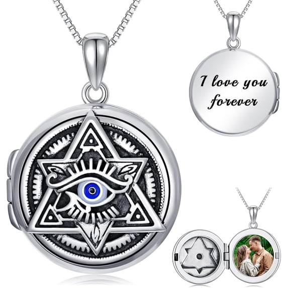 Dorunmo Evil Eye Necklace Heart Locket Necklace that Hold 2 Photos 925 Sterling Silver Evil Eye Jewelry Picture Locket Pendant for Women