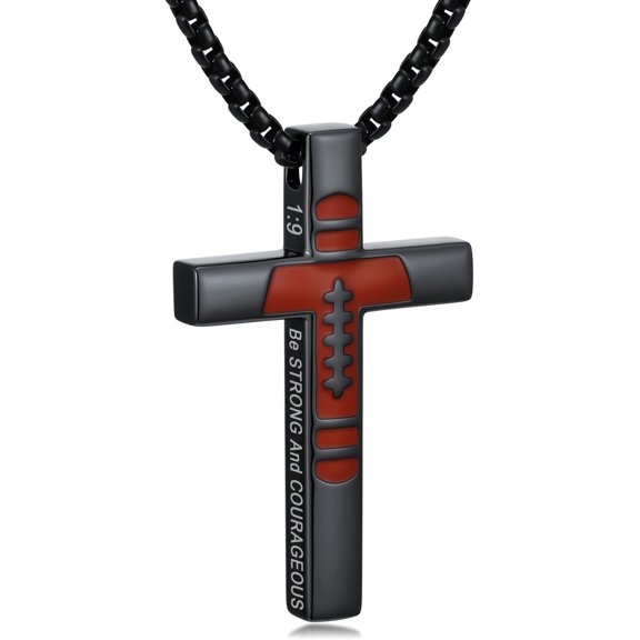 Football Bible Verse Cross Necklace for Men 925 Sterling Silver Football Pendant Sport Jewelry Christian Gifts First Communion Gifts (Joshua 1:9)