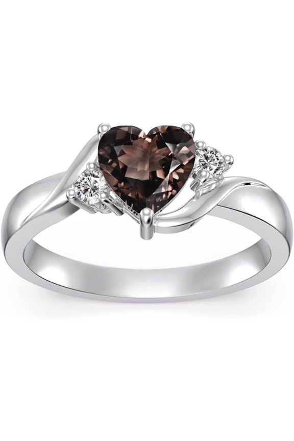 Heart Created Smoky Quartz Ring 925 Sterling Silver Coffee Brown Crystal Ring November Birthstone Ring Birthday Jewelry Gift for Women Size 5
