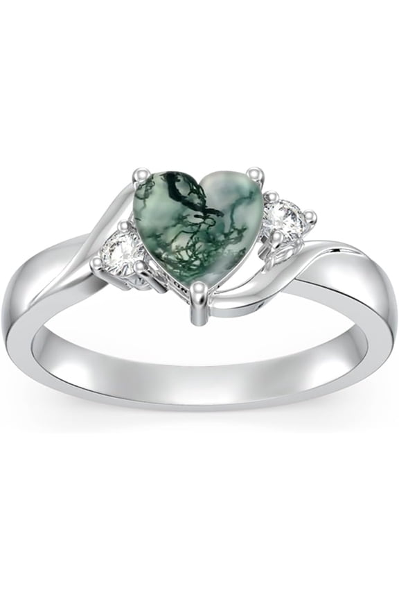 Heart Natural Moss Agate Ring 925 Sterling Silver Green Agate Engagement Ring Wedding Promise Jewelry Gifts for Women Size 5