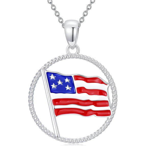 Dorunmo Independence Day Necklace Women's 925 Sterling Sliver Patriot Pendant Round USA Flag Necklaces 4th of July Jewelry Gift