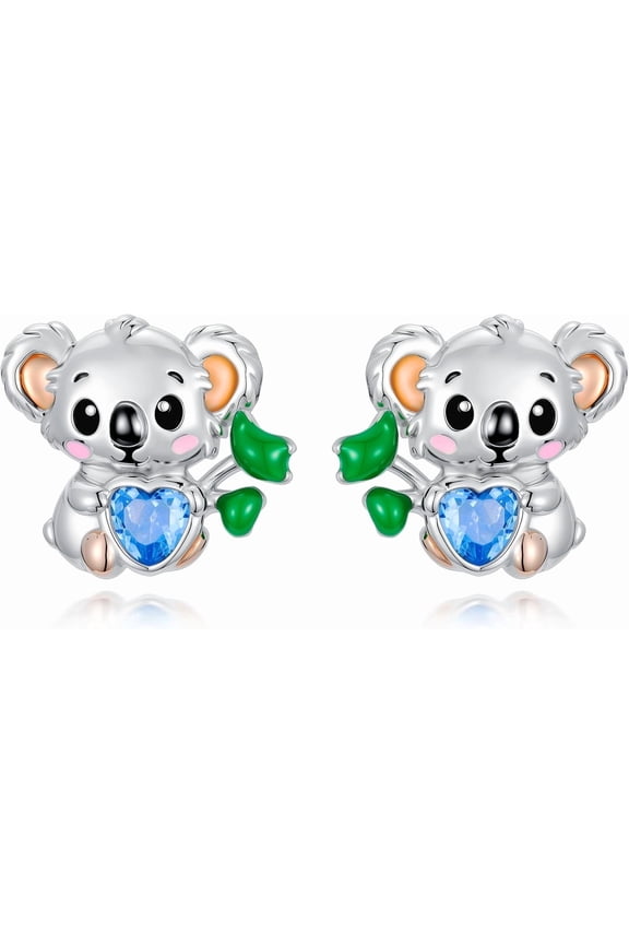 Koala Earrings 925 Sterling Silver Cute Koala Stud Earrings with Blue Heart Birthstone Koala Bear Jewelry Gift for Women