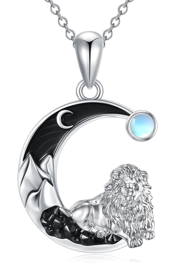 Lion Necklace 925 Sterling Silver Lion Pendant with Black Crescent Moon Necklace Gothic Jewelry Halloween Gifts for Women