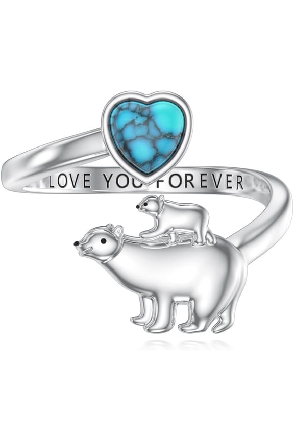 Mama Bear Rings for Women 925 Sterling Silver Mother Daughter Ring Mama Bear Adjustable Ring Turquoise Jewelry Gifts Size 8-9
