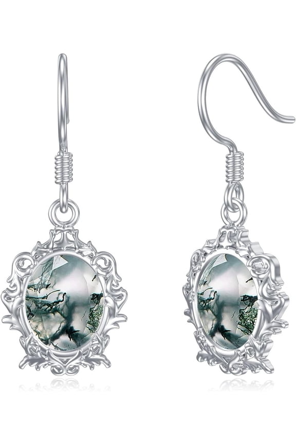 Moss Agate Filigree Teardrop Drop Dangle Earrings Sterling Silver Fishhook Backing Earrings Jewelry for Women