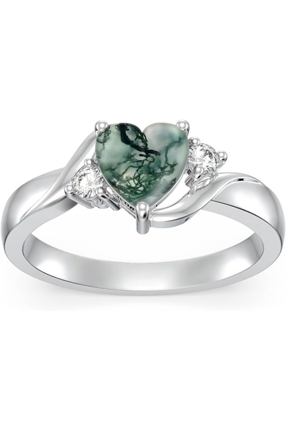 Natural Heart Moss Agate Ring 925 Sterling Silver Green Agate Engagement Ring Promise Jewelry for Women Size 7.5