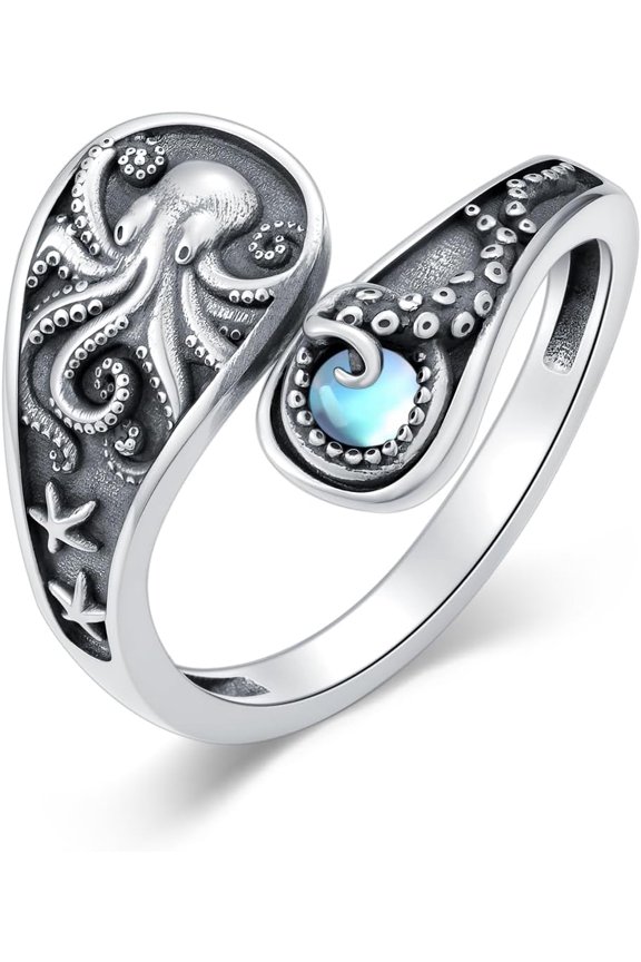 Octopus Spoon Ring for Women 925 Sterling Silver Octopus Ring with Moonstone Blue Ocean Jewelry for Her
