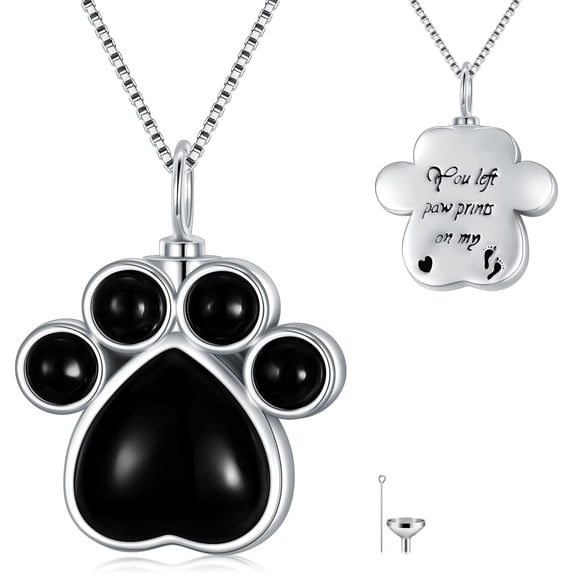 Dorunmo Paw Urn Necklace For Ashes with Obsidian 925 Sterling Silver Pet Cremation Jewelry For Ashes Memorial Keepsake Jewelry For Pet Dog Cat Ashes Crystal Jewelry Gifts For Women