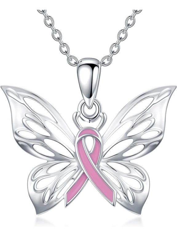 Pink Ribbon Butterfly Necklace Breast Cancer Gift for Women 925 Sterling Silver Breast Cancer Awareness Necklace Survivor Gift
