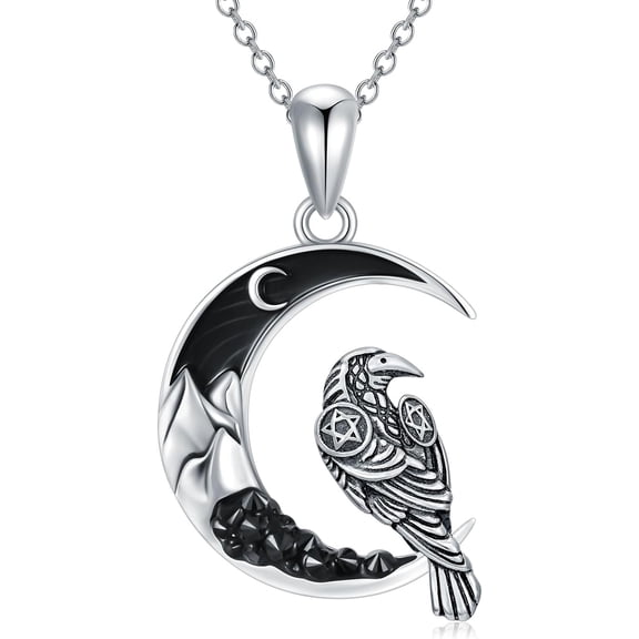 Raven Necklace 925 Sterling Silver Crow Pendant with Black Crescent Moon Necklace Viking Jewelry Gothic Jewelry Halloween Gifts for Women