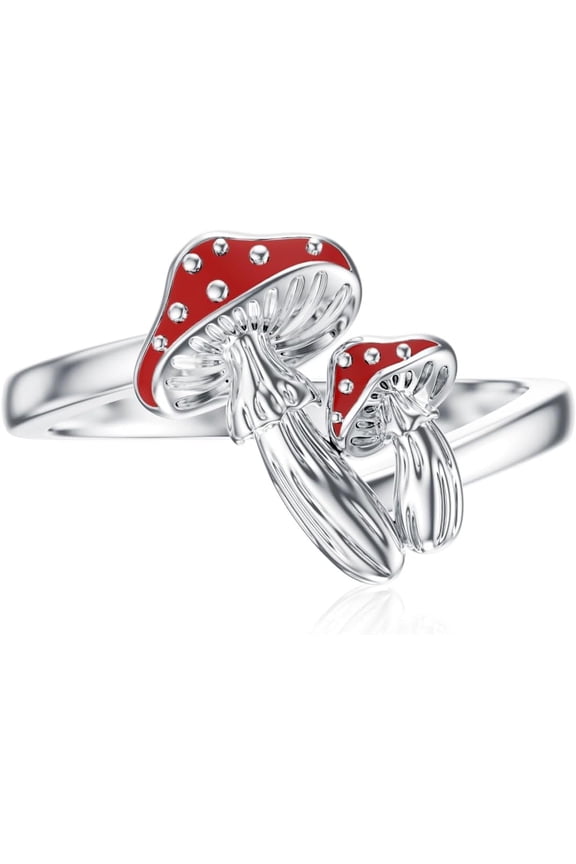 Red Mushroom Ring for Women 925 Sterling Silver Mushroom Ring Plant Jewelry for Her, US Size 8