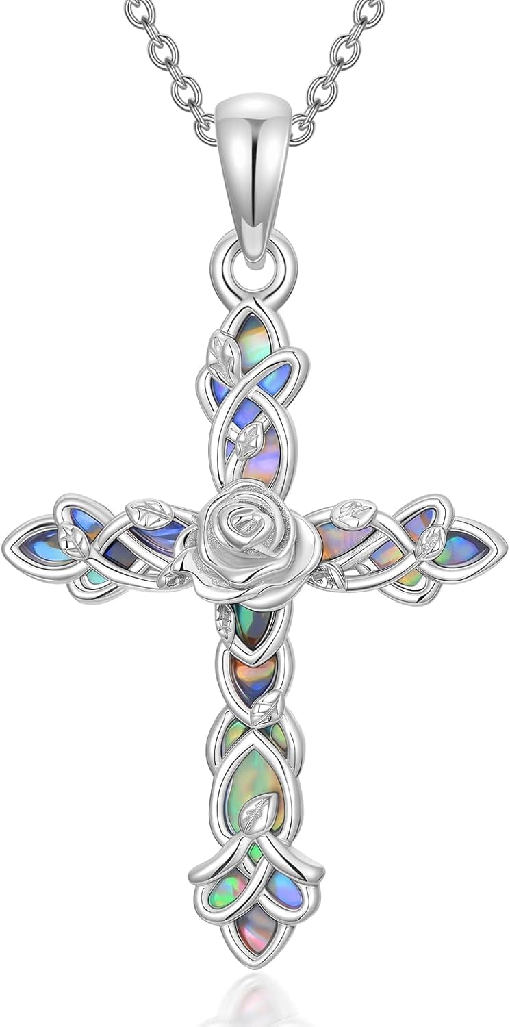 Dorunmo Vintage Rose Cross Necklace 925 Sterling Silver Rose Celtic Knot Pendant Gothic Cross Jewelry Gift for Women Birthday Christmas