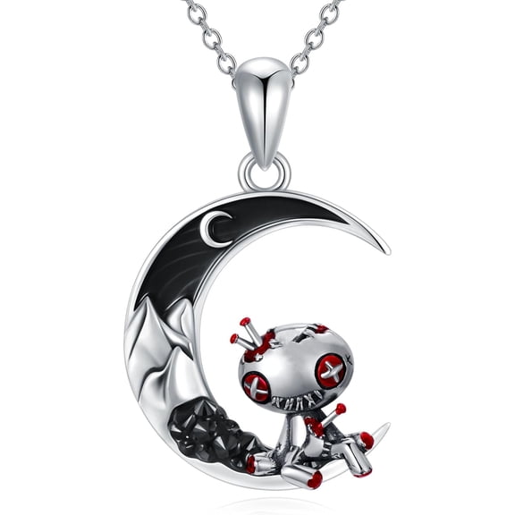 Voodoo Dolls Necklace 925 Sterling Silver Voodoo Halloween Pendant Black Crescent Moon Gothic Jewelry Gifts for Women
