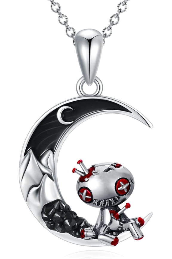 Voodoo Dolls Necklace 925 Sterling Silver Voodoo Halloween Pendant Black Crescent Moon Gothic Jewelry Gifts for Women