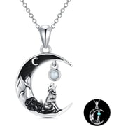 Wolf Crescent Moon Necklace 925 Sterling Silver Howling Wolf Pendant with Moonstone Black CZ Mountain Necklace Jewelry for Women