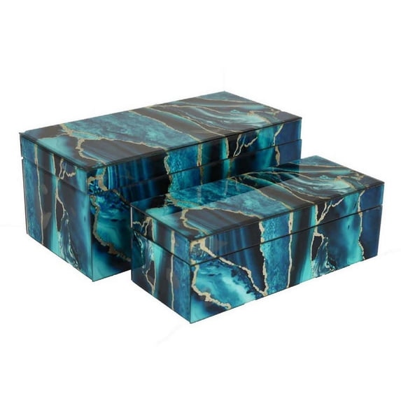 Dory Decorative Box Set of 2, Deep Blue Black Faux Marble Accent Glass