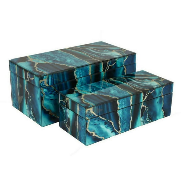 Dory Decorative Box Set of 2, Deep Blue Black Faux Marble Accent Glass