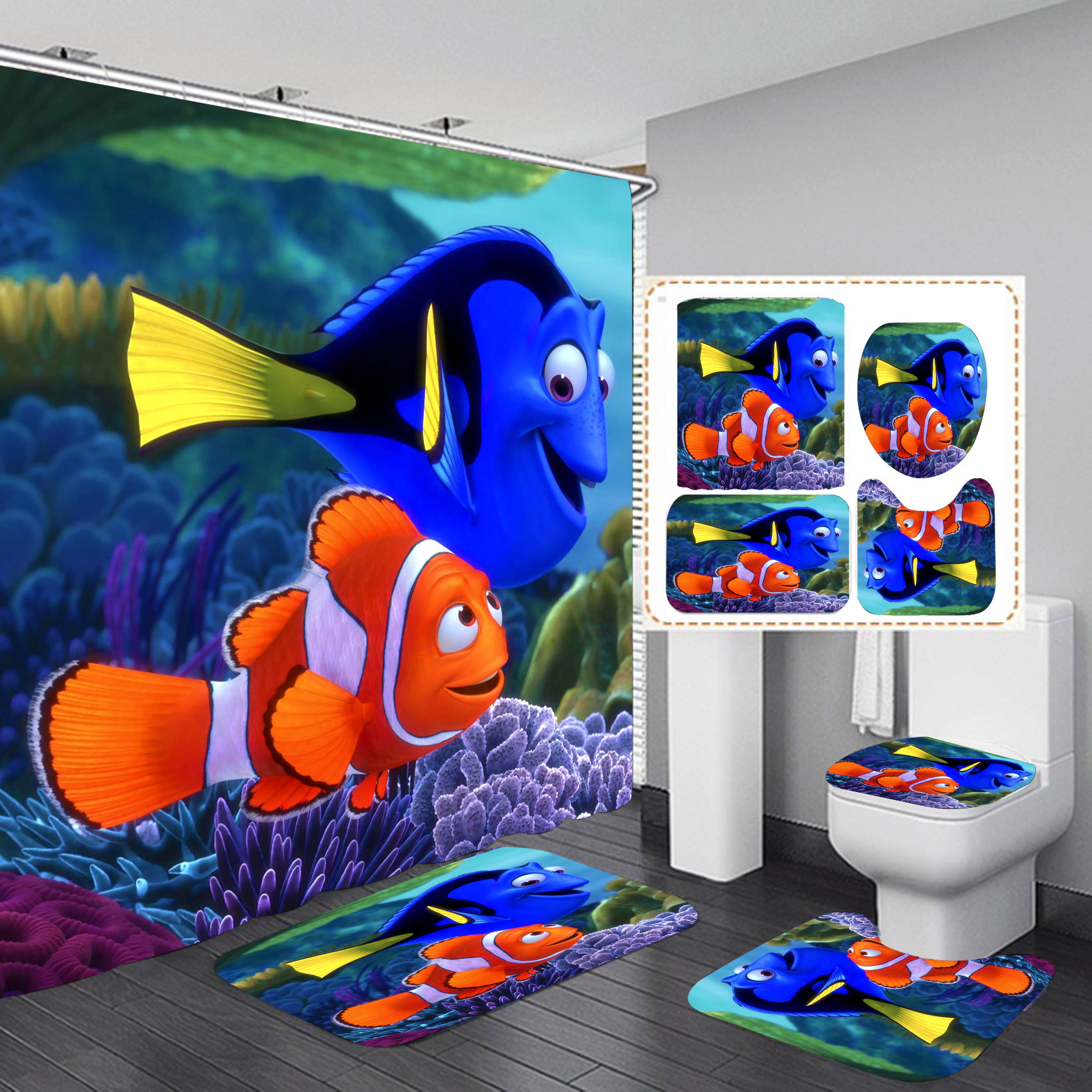Dory Nemo Shower Curtain Bathroom 4 Pieces Set Toilet Lid Cover and Bath Mat, Non-Slip Rugs Durable and Waterproof, for Bathroom Decor Set, 72" x 72"