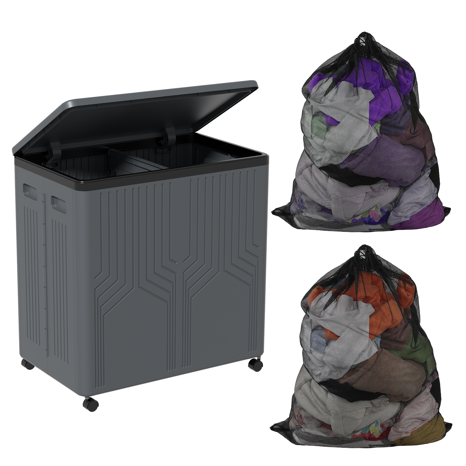 Doryh 120 L Double Plastic Laundry Hamper with Wheels, Collapsible 2 Section Laundry Hamper with Lid, Grey