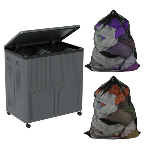 Doryh 120 L Double Plastic Laundry Hamper with Wheels, Collapsible 2 Section Laundry Hamper with Lid, Grey