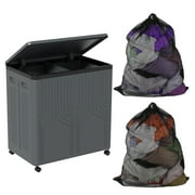 Doryh 120 L Double Plastic Laundry Hamper with Wheels, Collapsible 2 Section Laundry Hamper with Lid, Grey