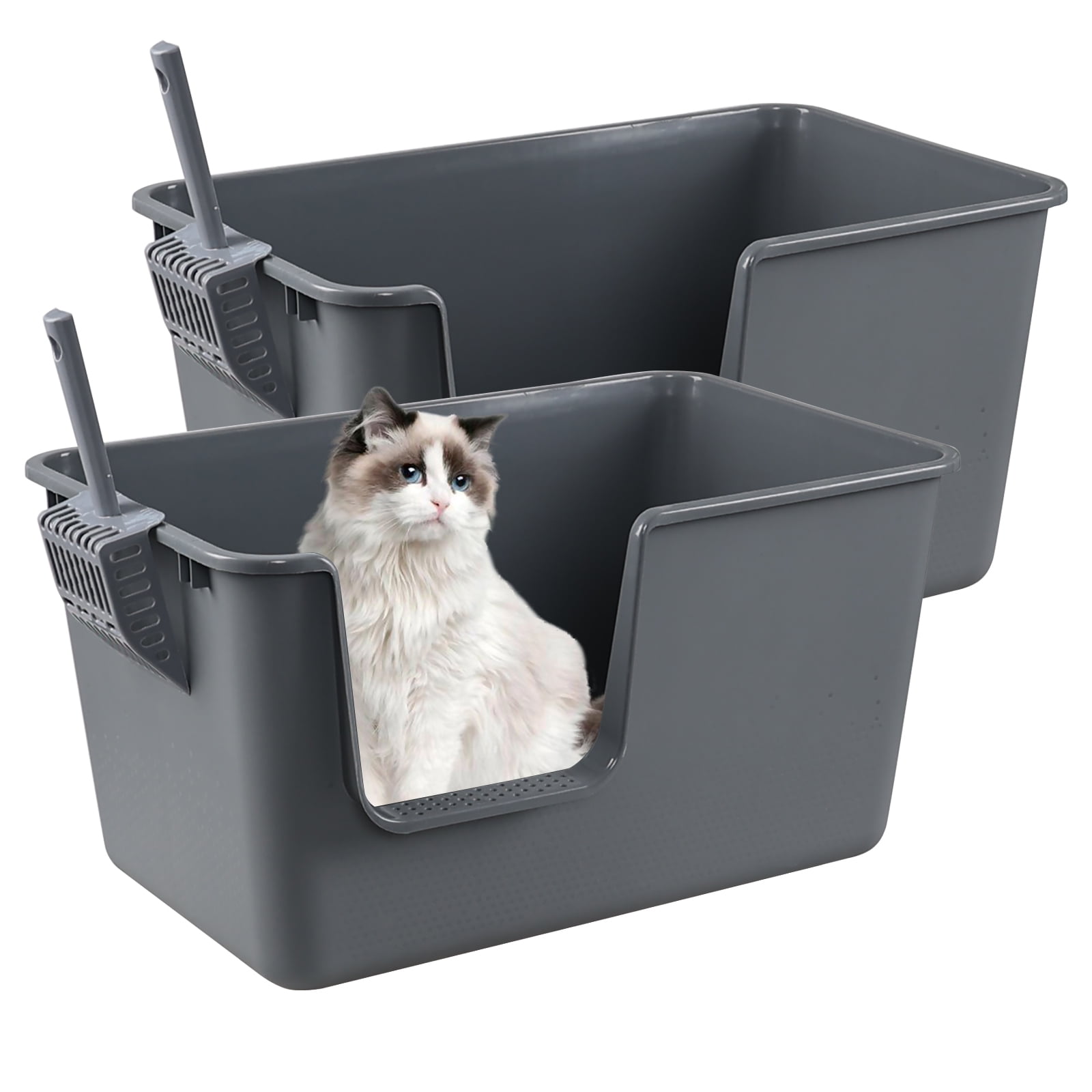 Doryh 2Pack Plastic Cat Litter Box High Sides, Large Cat Litter Box Basin with Scoop, Gray