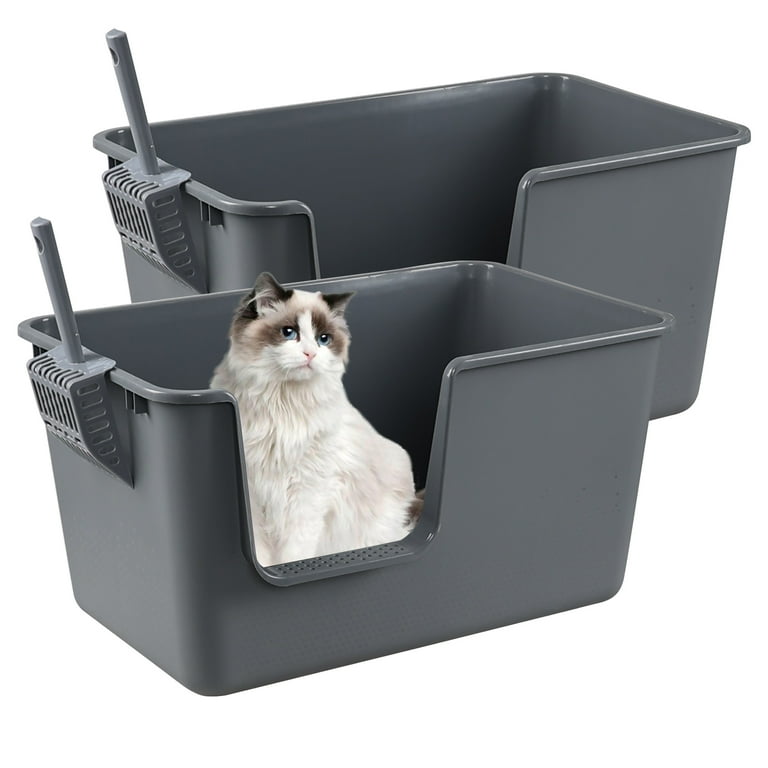 Doryh 2-Pack Plastic Cat Litter Box High Sides, Large Cat Litter Box Basin  with Scoop, Gray