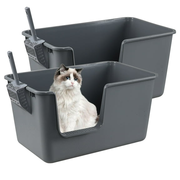 Doryh 2-Pack Plastic Cat Litter Box High Sides, Large Cat Litter Box Basin with Scoop, Gray