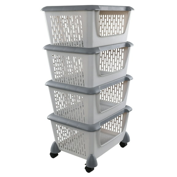 Doryh 4-Pack Plastic Stackable Storage Baskets, Stacking Organizer Basket with Wheels, Gray