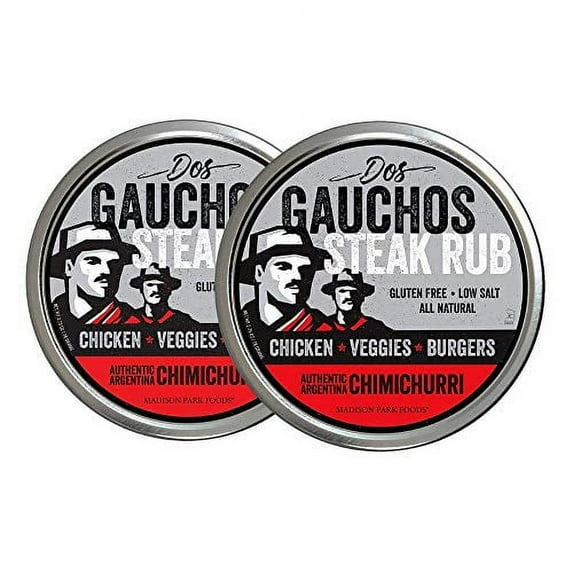 Dos Gauchos Argentina Steak Rub - Premium Chimichurri Beef Chicken Keto Meat Seasoning Grilling Spices - All Natural, Gluten Free, Low Salt, No MSG, Madison Park Foods, 2.75 Ounce Gourmet Tin (2 Pack)