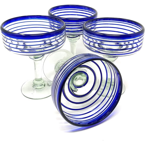 Hand Blown Margarita Glasses Set of 4 with Blue Spiral Design 16 oz.